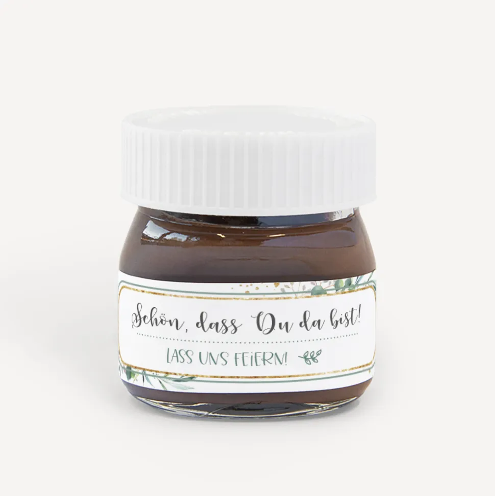Gastgeschenk Mini Nutella Glas + Aufkleber "Aquarell Eukalyptus Zweige"