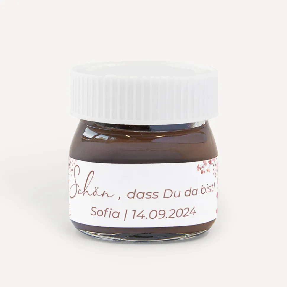Gastgeschenk Mini Nutella Glas + Aufkleber "Trockenblumen Blush"