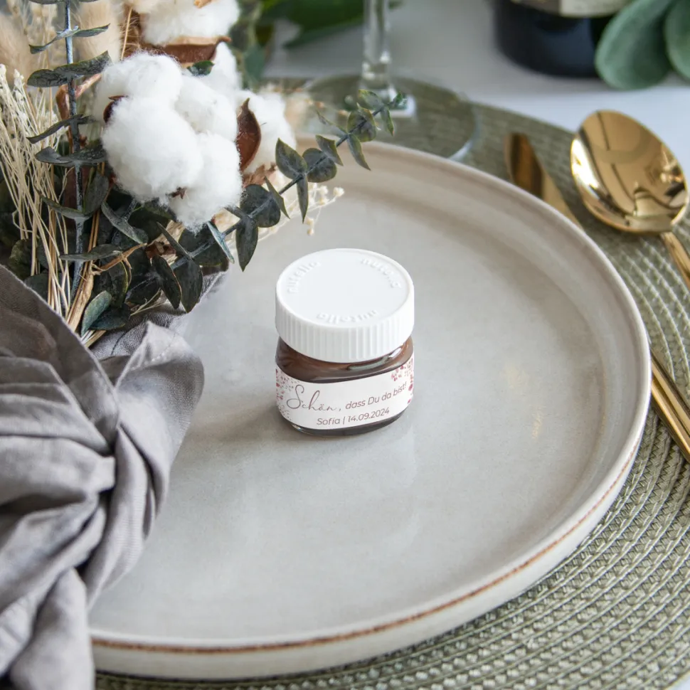 Gastgeschenk Mini Nutella Glas + Aufkleber "Trockenblumen Blush"