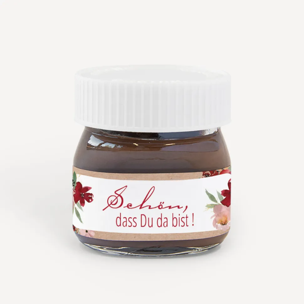 Gastgeschenk Mini Nutella Glas + Aufkleber Vintage rote Blumen