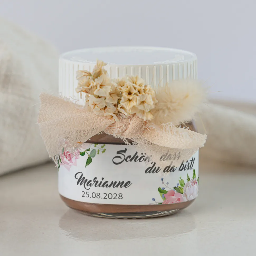 Gastgeschenk Mini Nutella Glas + Aufkleber "Summer Love"