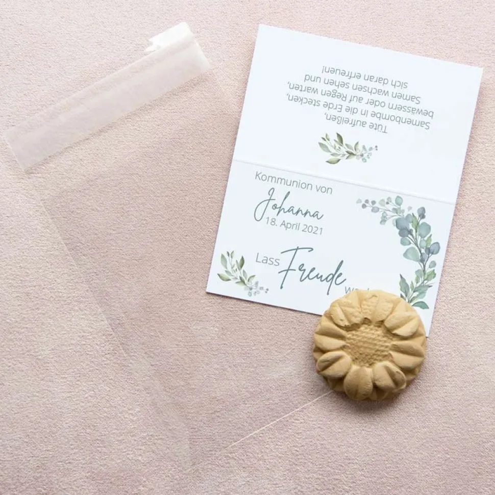 Gastgeschenk Samenbombe Kommunion + Etikett Naturell