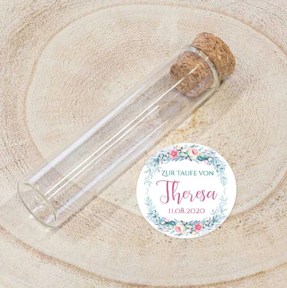 Gastgeschenk Taufe Glasröhrchen + Aufkleber Kranz Aquarell