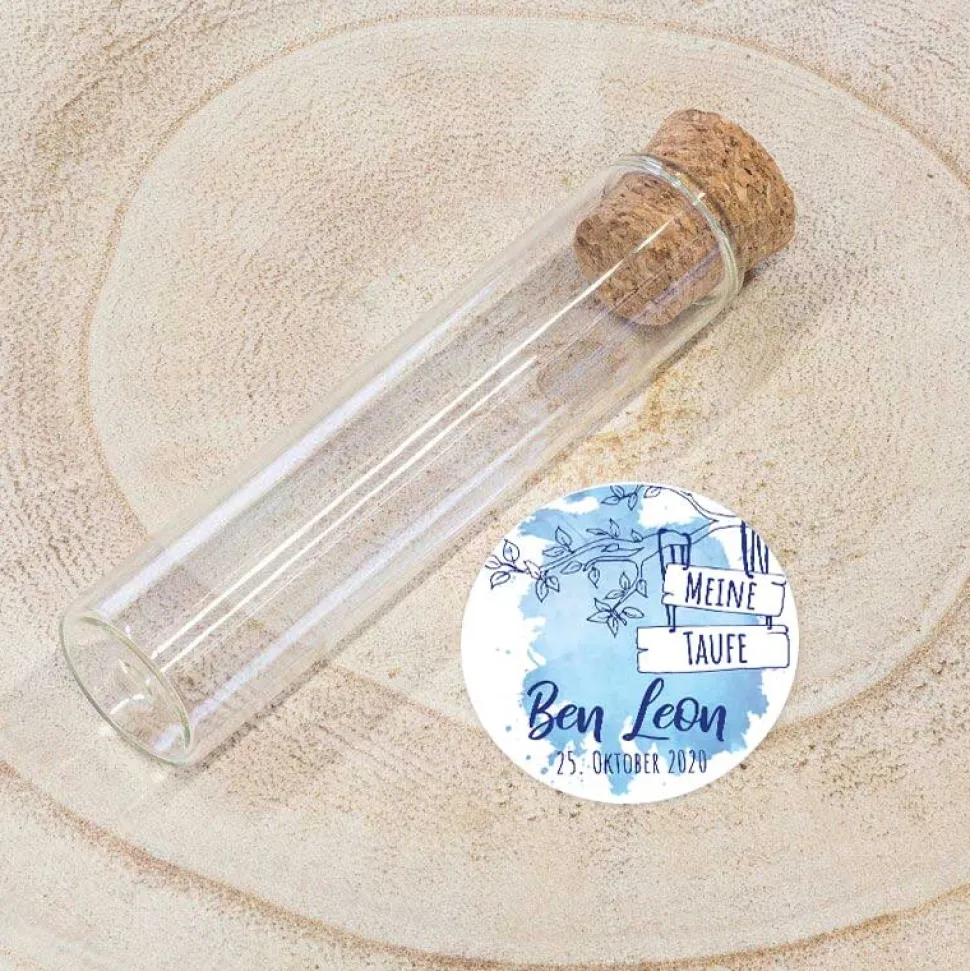 Gastgeschenk Taufe Glasröhrchen + Aufkleber Junge Aquarell