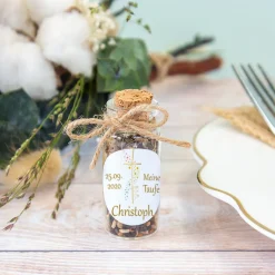 Gastgeschenk Taufe Mini Glasröhrchen + Aufkleber Kreuz mit Symbolen