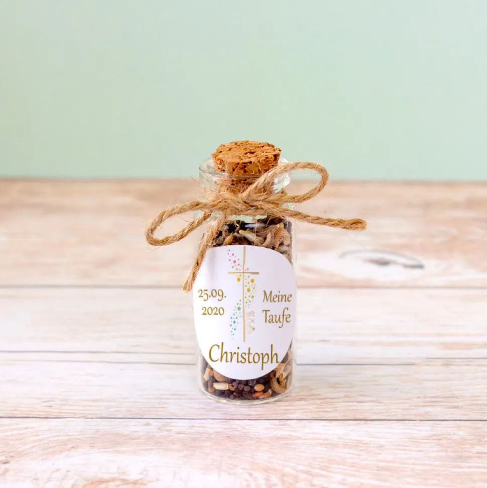 Gastgeschenk Taufe Mini Glasröhrchen + Aufkleber Kreuz mit Symbolen