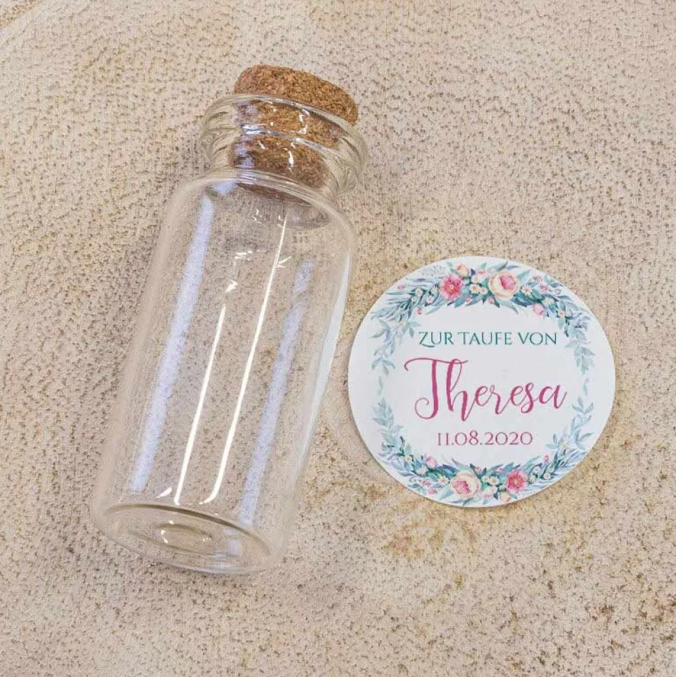 Gastgeschenk Taufe Mini Glasröhrchen + Aufkleber Kranz Aquarell