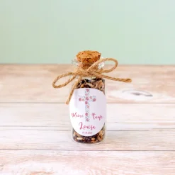 Gastgeschenk Taufe Mini Glasröhrchen + Aufkleber Kreuz mit Blumen