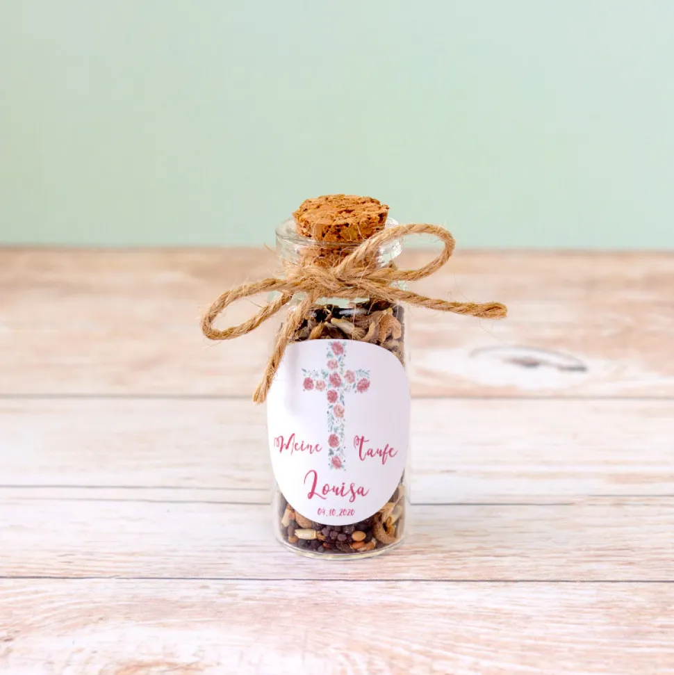 Gastgeschenk Taufe Mini Glasröhrchen + Aufkleber Kreuz mit Blumen