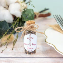 Gastgeschenk Taufe Mini Glasröhrchen + Aufkleber Kreuz mit Blumen