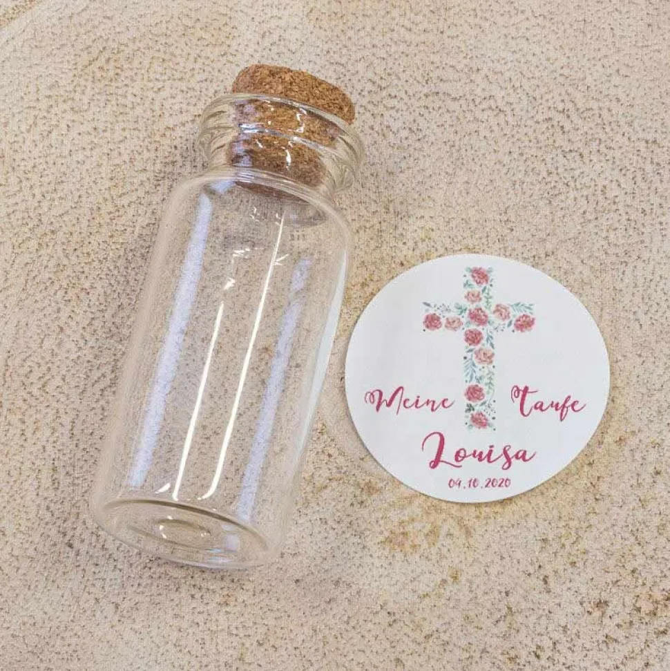 Gastgeschenk Taufe Mini Glasröhrchen + Aufkleber Kreuz mit Blumen