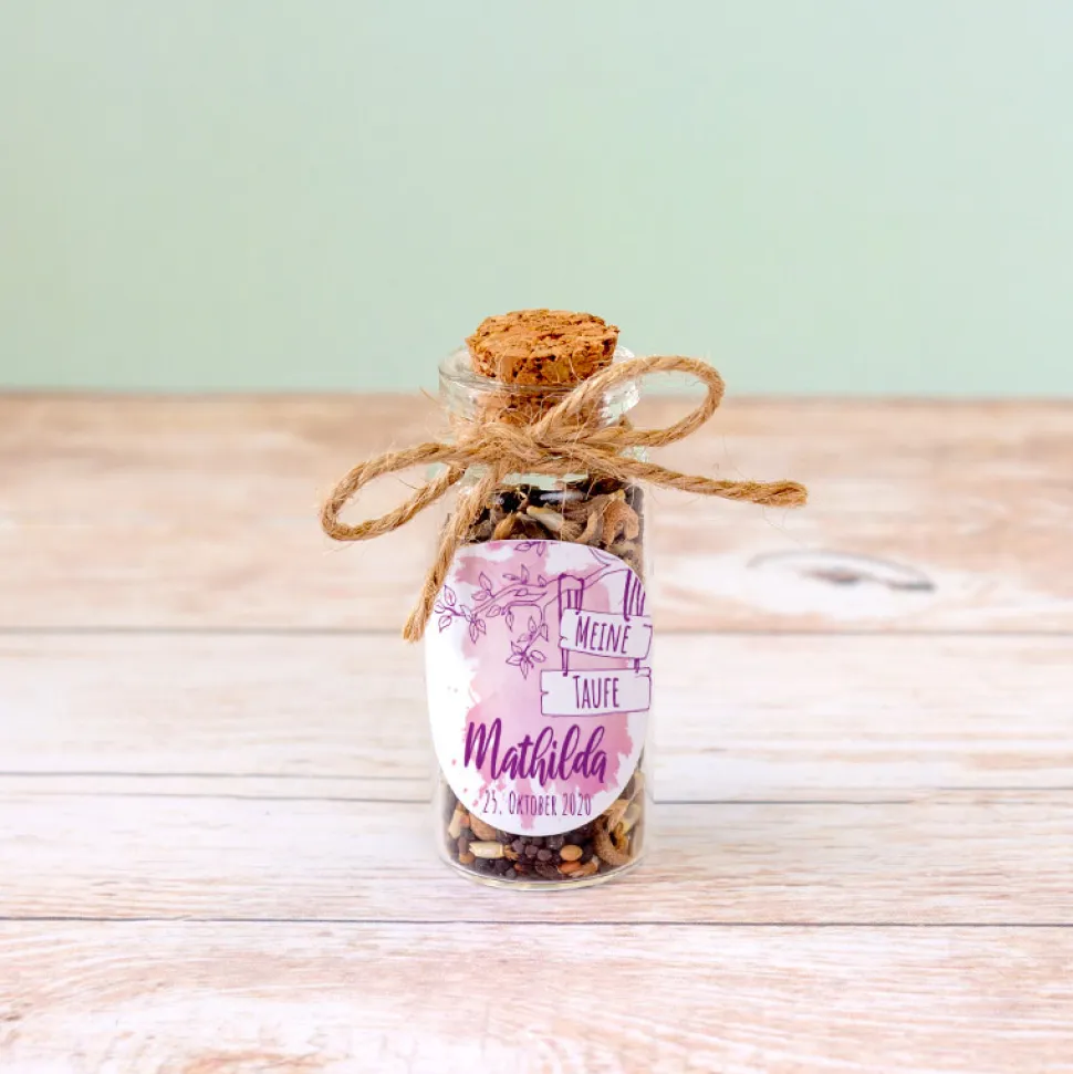 Gastgeschenk Taufe Mini Glasröhrchen + Aufkleber Mädchen Aquarell
