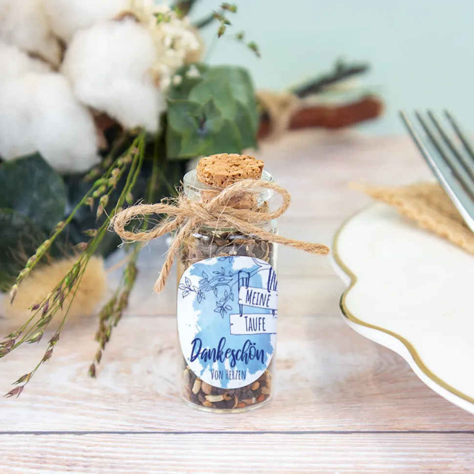 Gastgeschenk Taufe Mini Glasröhrchen + Aufkleber Junge Aquarell