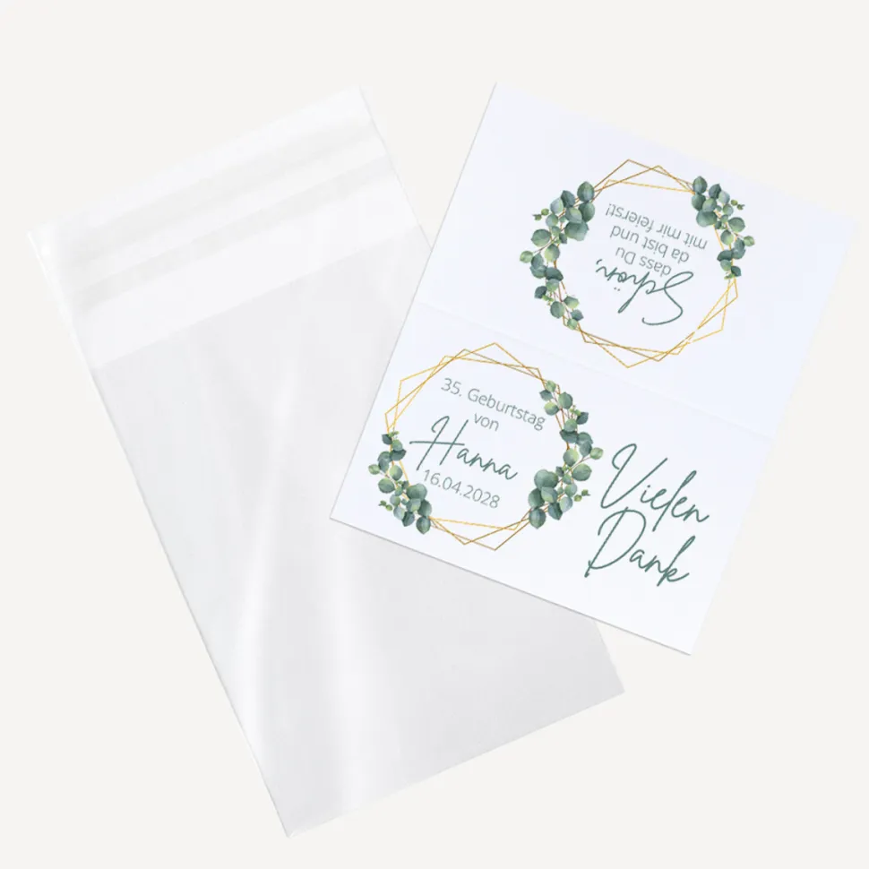 Gastgeschenk Tüte transparent + Etikett Eukalyptus Geometrie