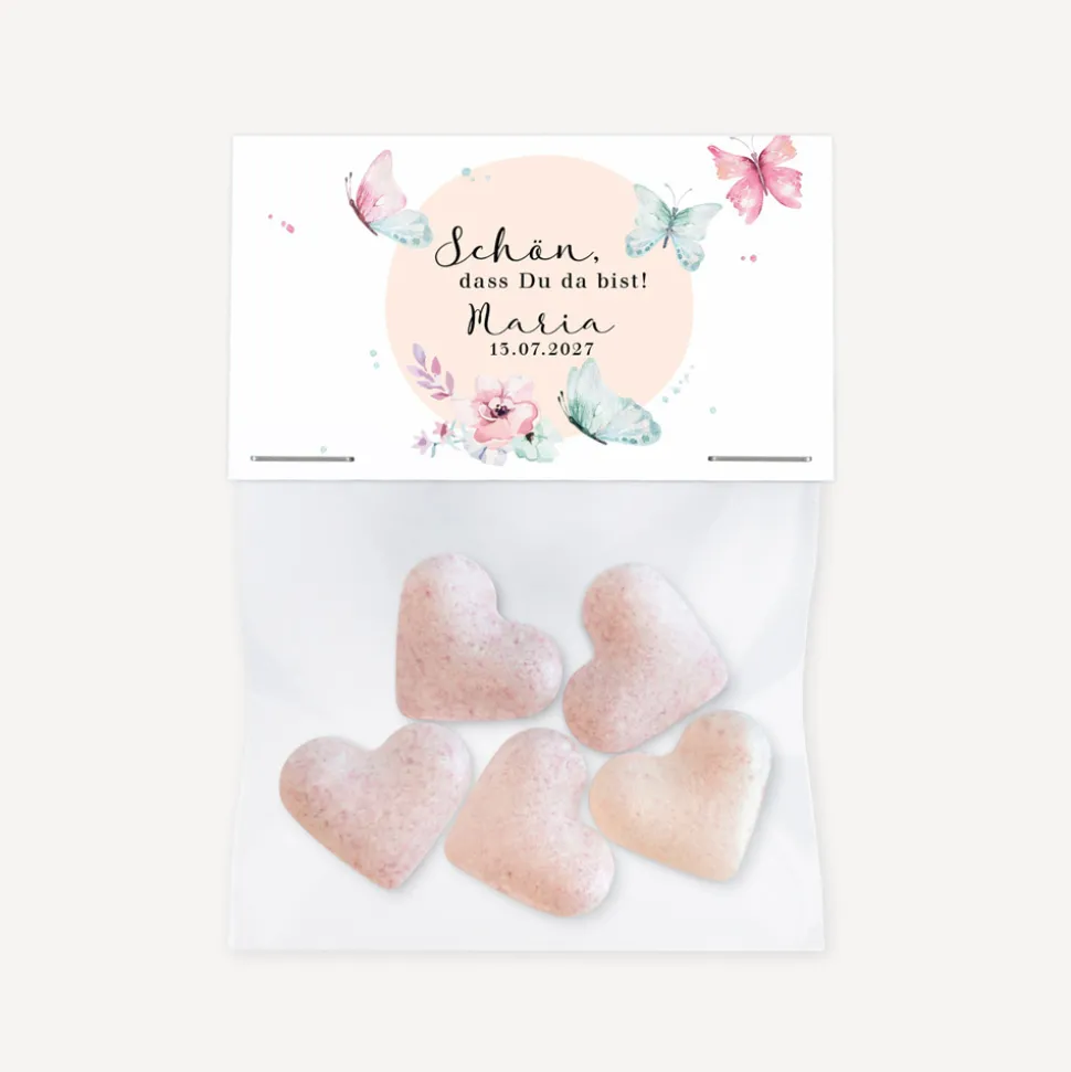 Gastgeschenk Tüte transparent + Etikett "Schmetterlinge"