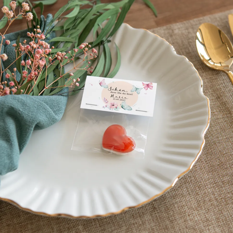 Gastgeschenk Tüte transparent + Etikett "Schmetterlinge"