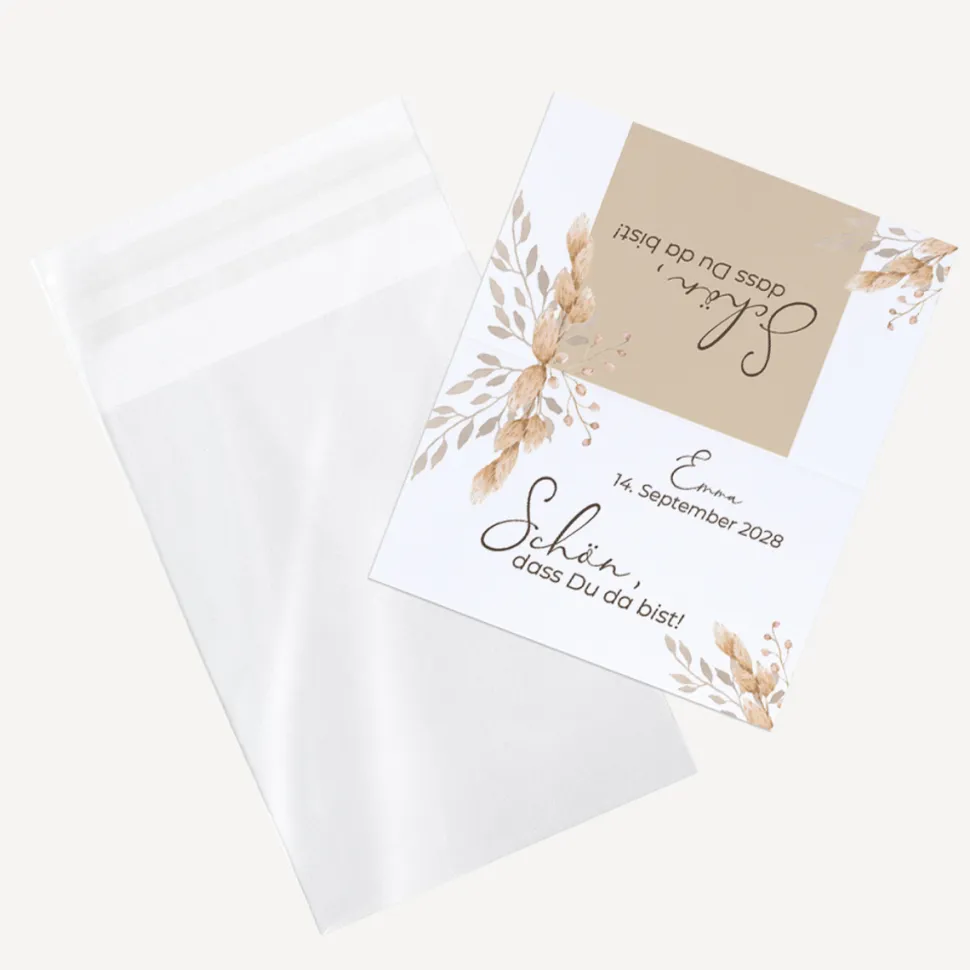 Gastgeschenk Tüte transparent + Etikett Trockengras