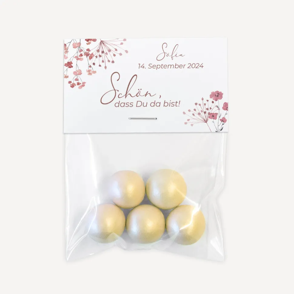 Gastgeschenk Tüte transparent + Etikett Trockenblumen Blush