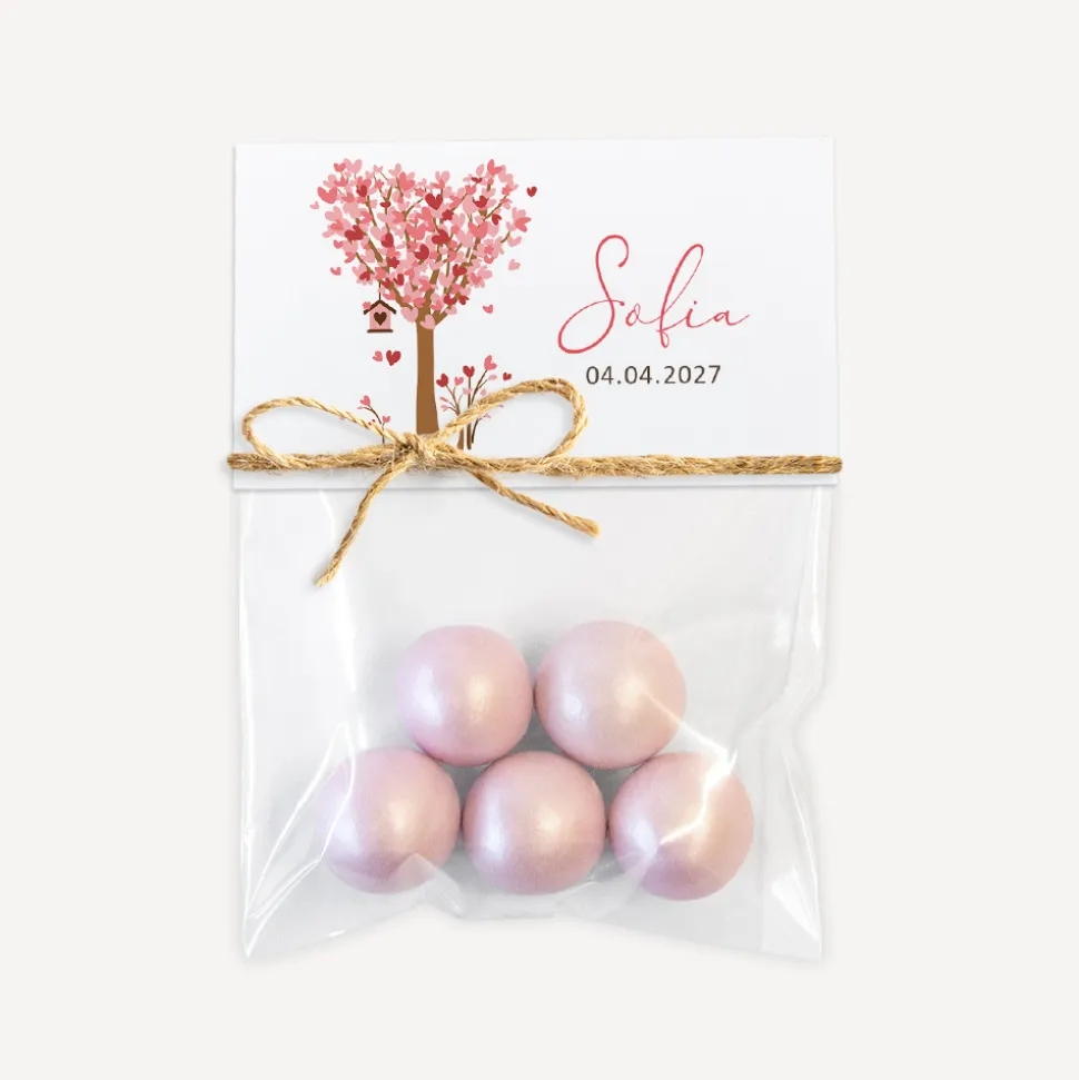 Gastgeschenk Tüte transparent mit Etikett "Baum Herzen" mit Juteband