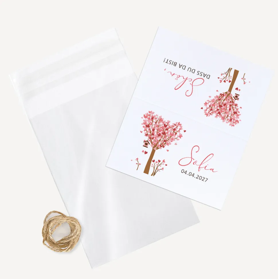 Gastgeschenk Tüte transparent mit Etikett "Baum Herzen" mit Juteband