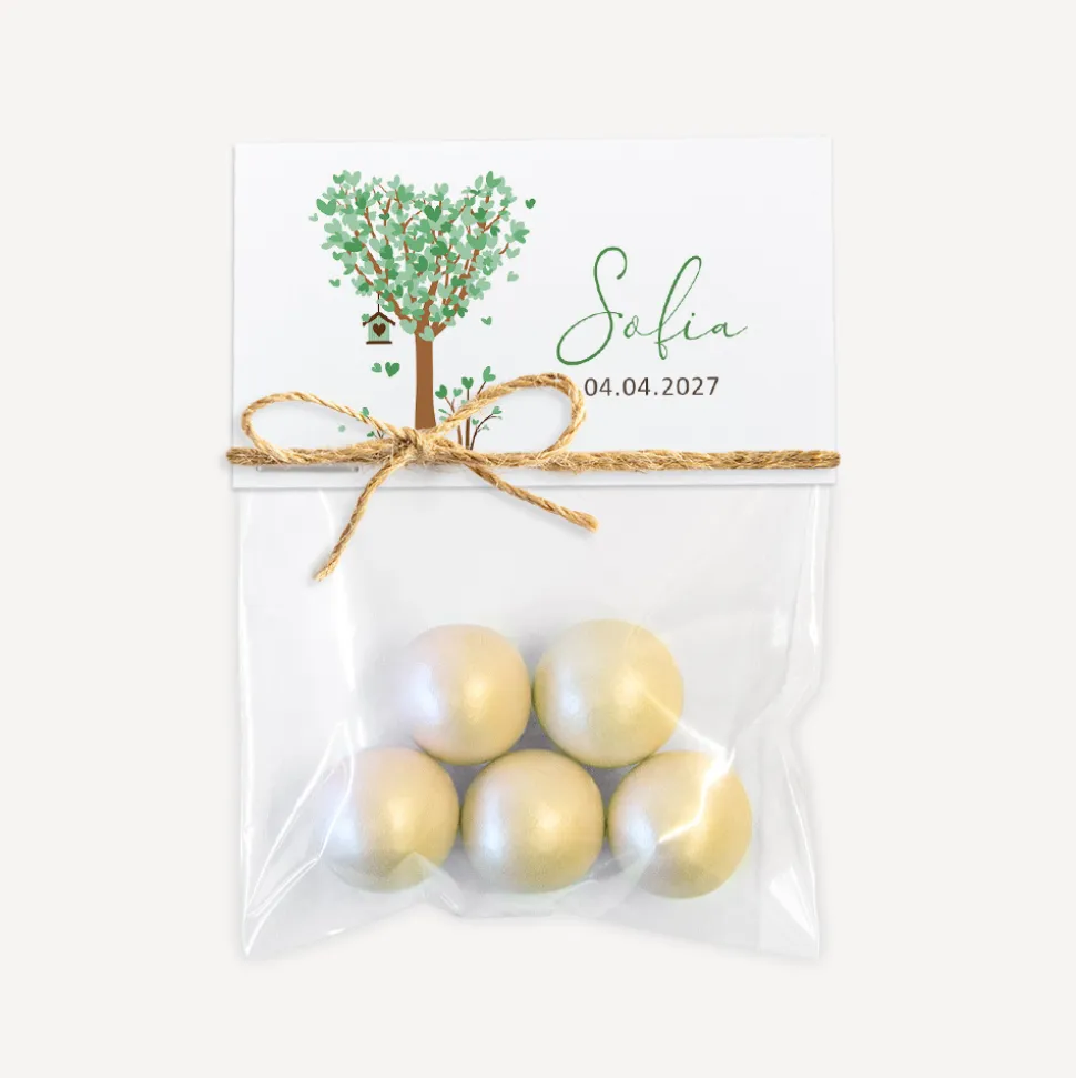 Gastgeschenk Tüte transparent mit Etikett "Baum Herzen" mit Juteband