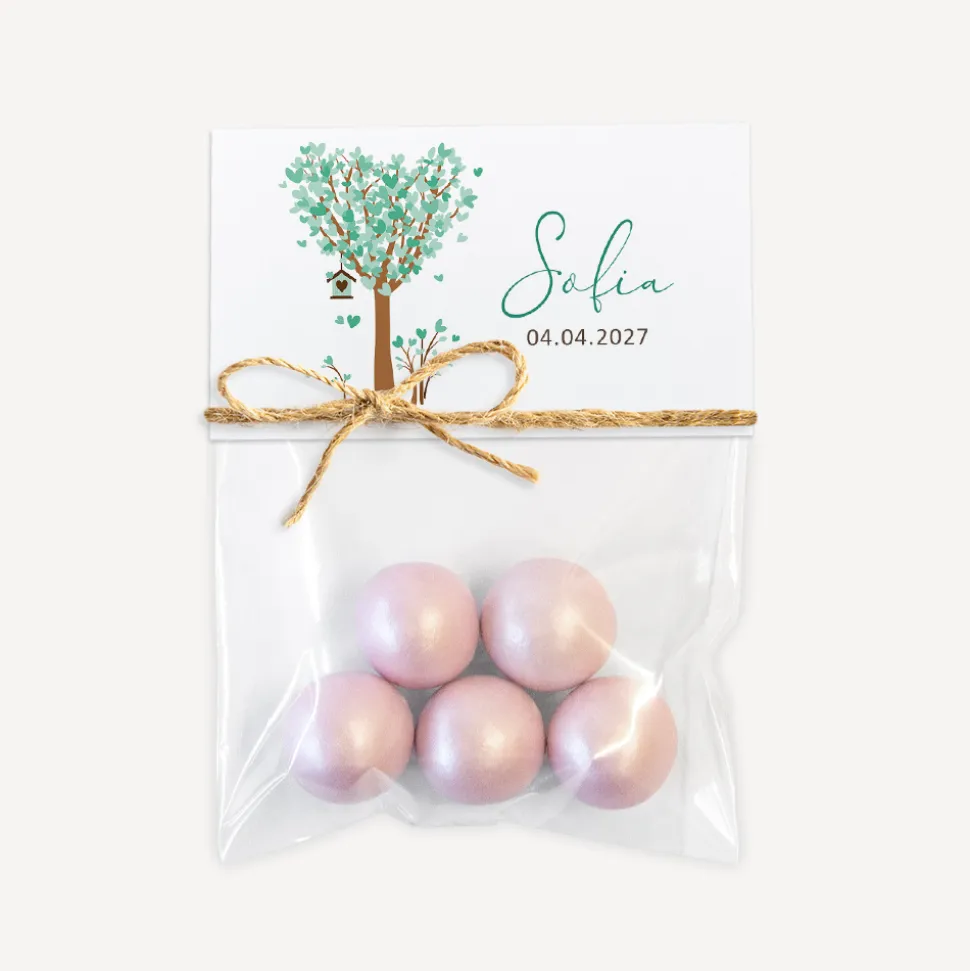 Gastgeschenk Tüte transparent mit Etikett "Baum Herzen" mit Juteband