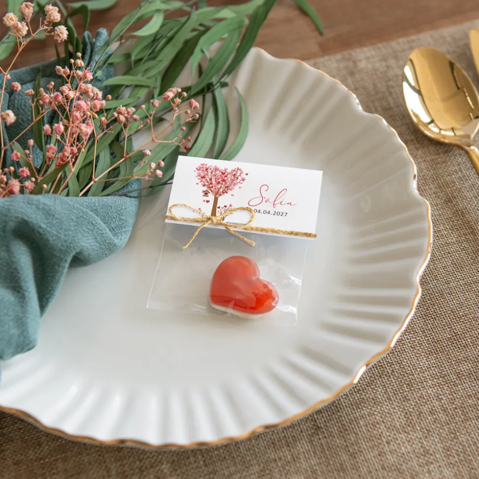Gastgeschenk Tüte transparent mit Etikett "Baum Herzen" mit Juteband