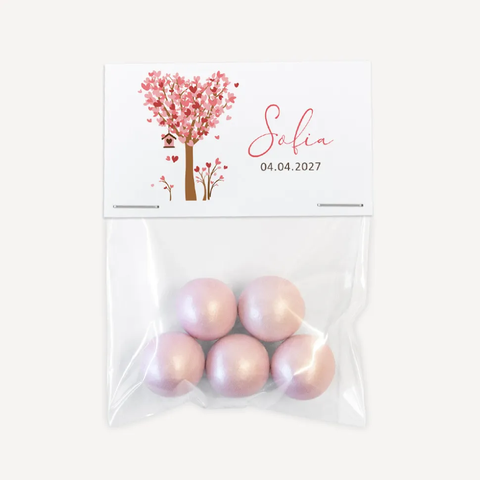Gastgeschenk Tüte transparent mit Etikett "Baum Herzen" mit Juteband
