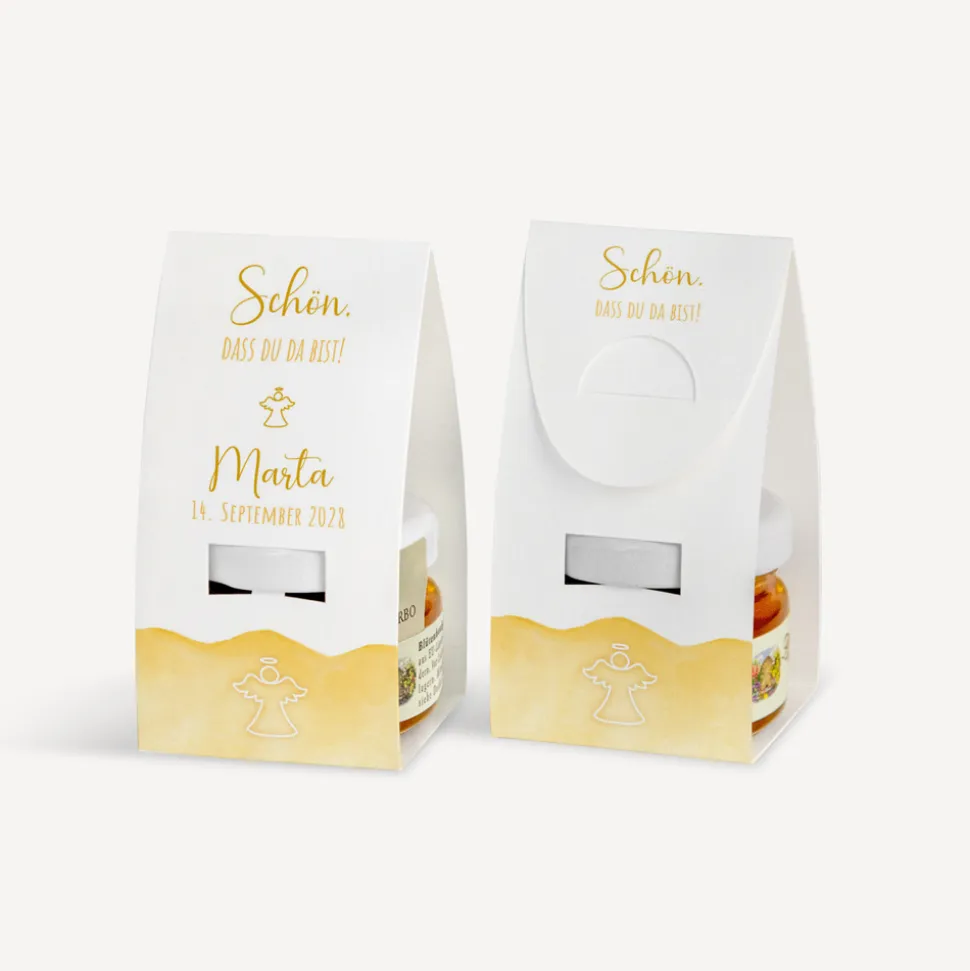 Geschenktäschchen mit Blütenhonig "Aquarell mit Engel gold-gelb"