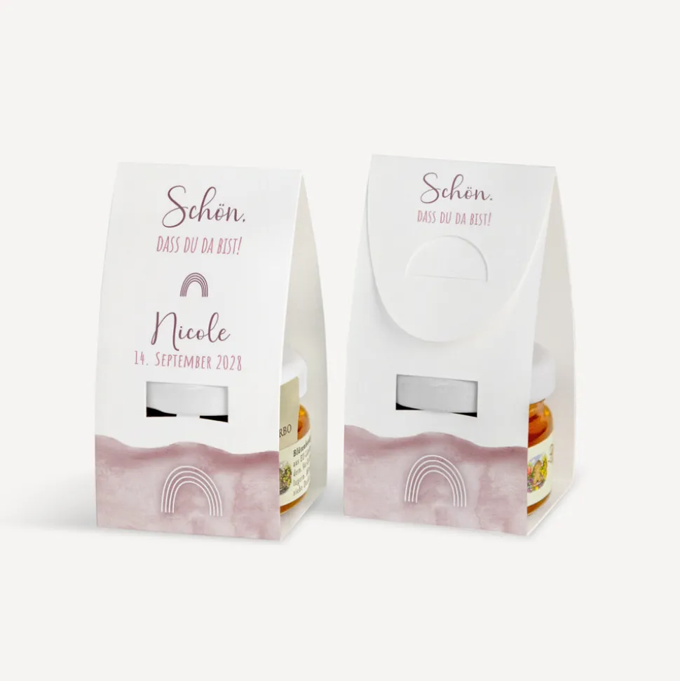 Geschenktäschchen mit Blütenhonig "Aquarell mit Regenbogen rosa"
