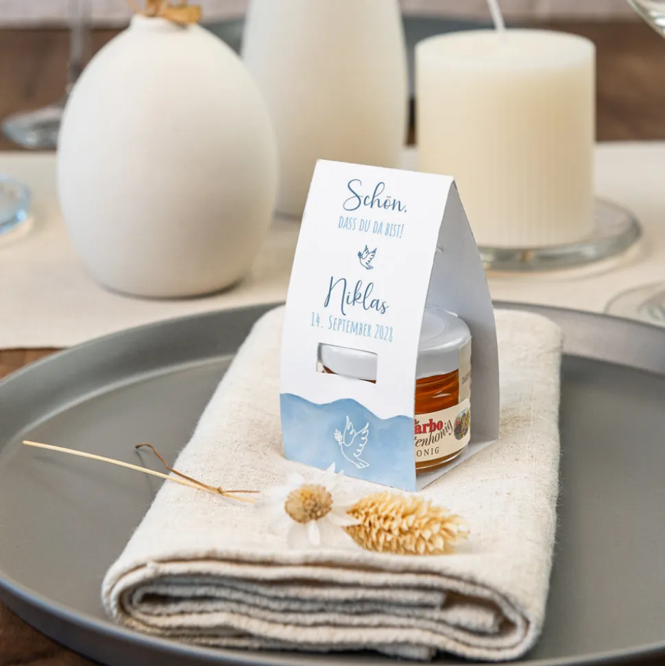 Geschenktäschchen mit Blütenhonig "Aquarell mit Taube blau"