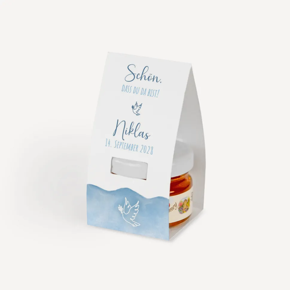 Geschenktäschchen mit Blütenhonig "Aquarell mit Taube blau"