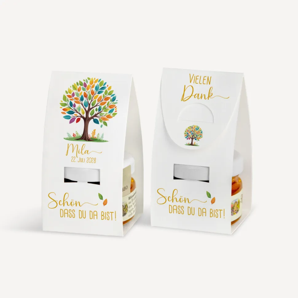Geschenktäschchen mit Blütenhonig "Lebensbaum Bunte Blätter"
