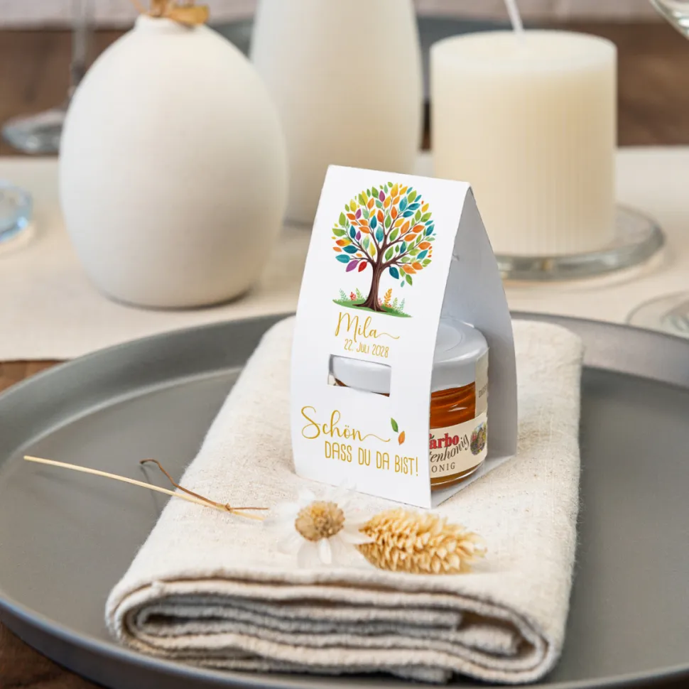 Geschenktäschchen mit Blütenhonig "Lebensbaum Bunte Blätter"
