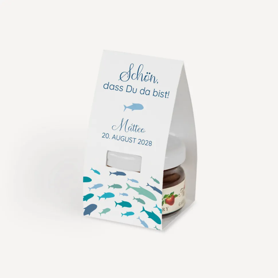 Geschenktäschchen mit Erdbeer Konfitüre "Fischschwarm"