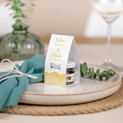 Geschenktäschchen mit Erdbeer Konfitüre "Aquarell mit Engel gold-gelb"
