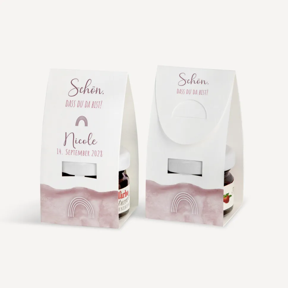 Geschenktäschchen mit Erdbeer Konfitüre "Aquarell mit Regenbogen rosa"