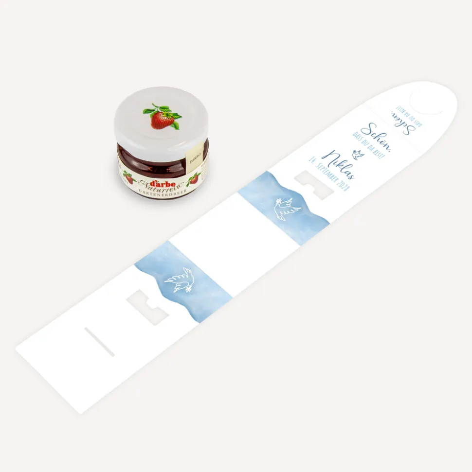 Geschenktäschchen mit Erdbeer Konfitüre "Aquarell mit Taube blau"