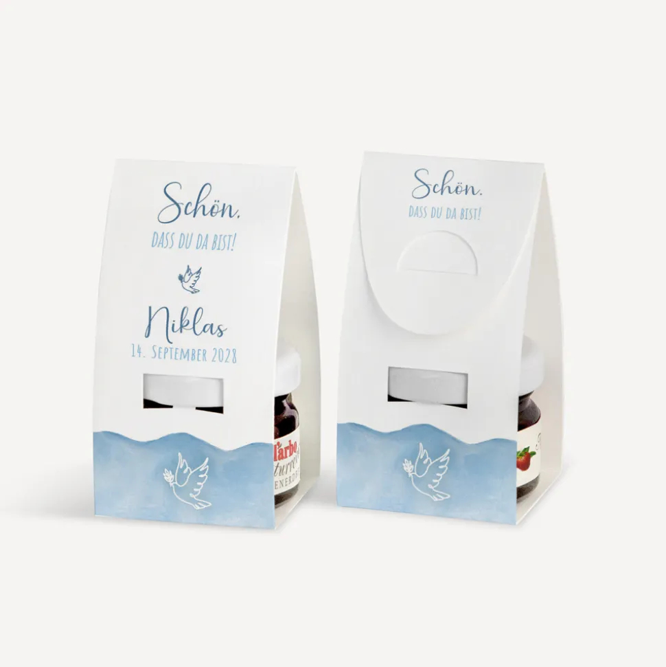 Geschenktäschchen mit Erdbeer Konfitüre "Aquarell mit Taube blau"
