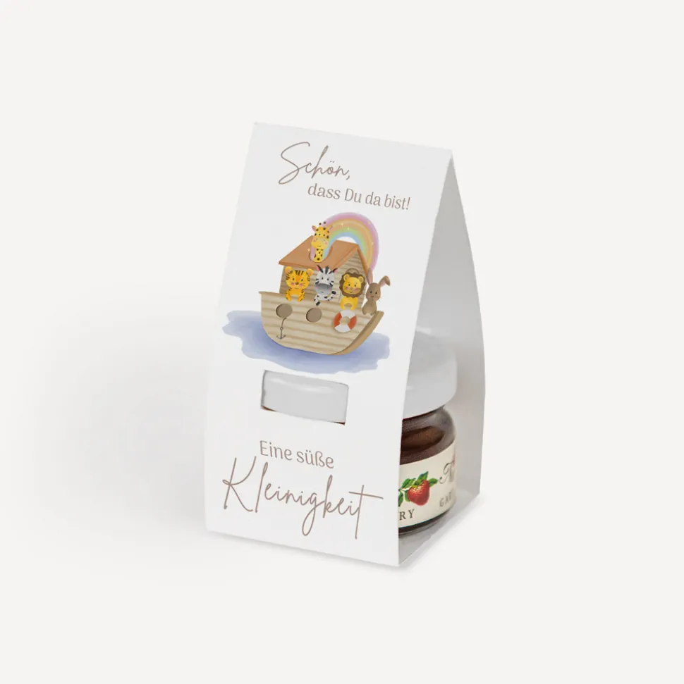 Geschenktäschchen mit Erdbeer Konfitüre "Arche Noah Regenbogen Pastell"