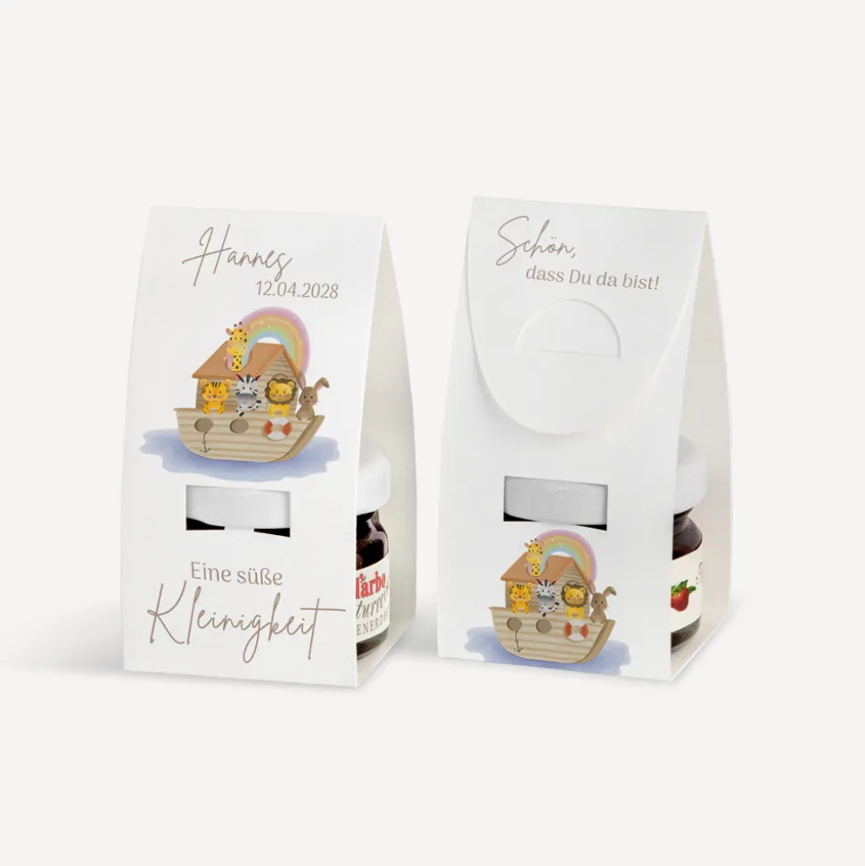 Geschenktäschchen mit Erdbeer Konfitüre "Arche Noah Regenbogen Pastell"