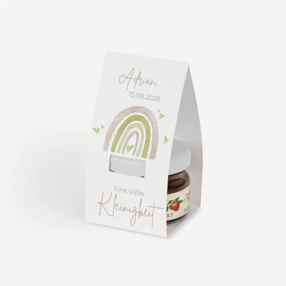Geschenktäschchen mit Erdbeer Konfitüre "Regenbogen mit Herzen Pastell"