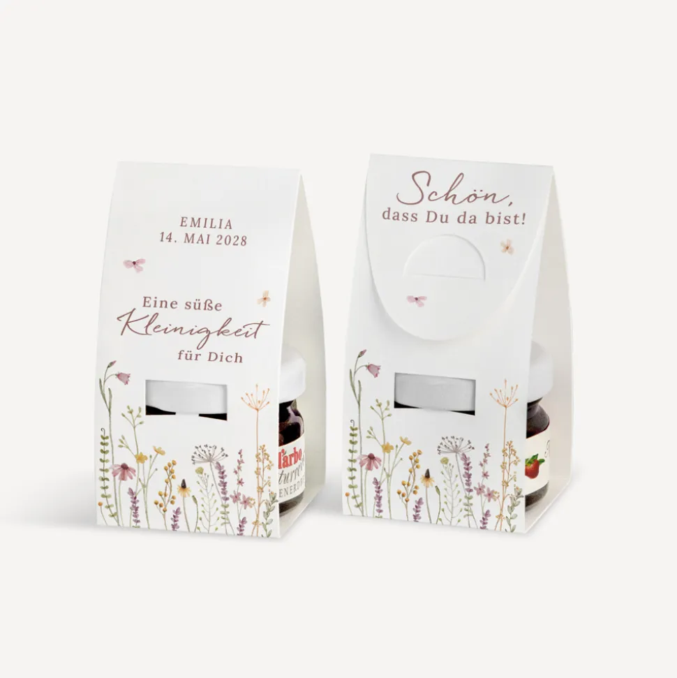 Geschenktäschchen mit Erdbeer Konfitüre "Wildromantische Blüten"