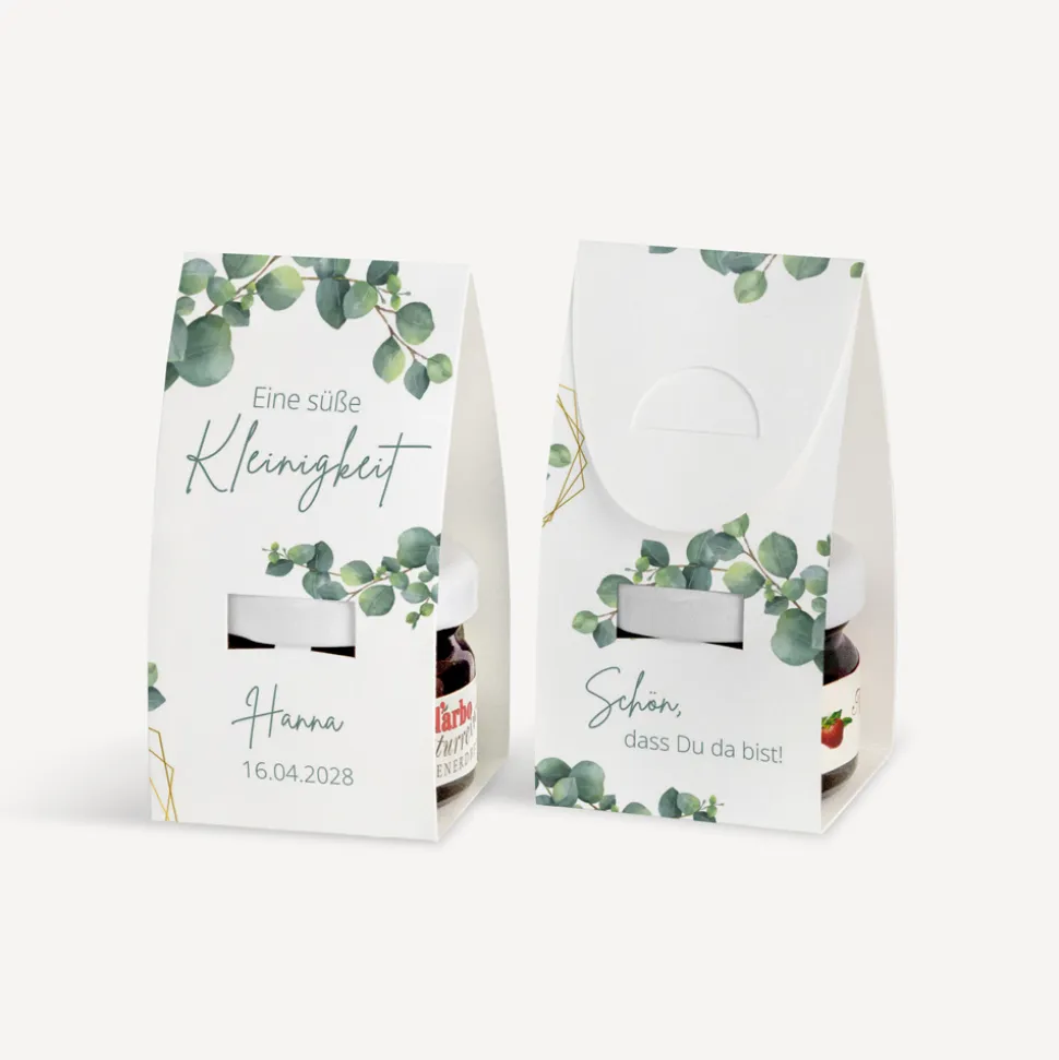 Geschenktäschchen mit Erdbeer Konfitüre "Eukalyptus Geometrie"