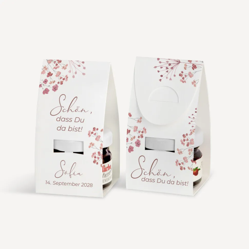 Geschenktäschchen mit Erdbeer Konfitüre "Trockenblumen Blush"
