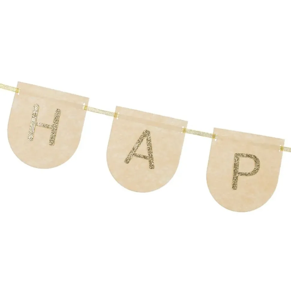 Girlande Happy Birthday mit Blümchen creme-gold