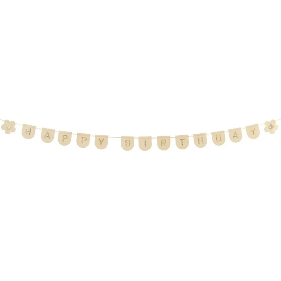 Girlande Happy Birthday mit Blümchen creme-gold