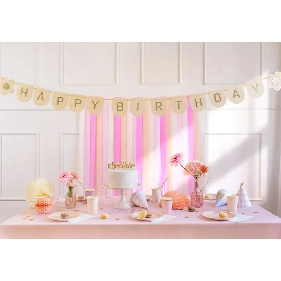 Girlande Happy Birthday mit Blümchen creme-gold