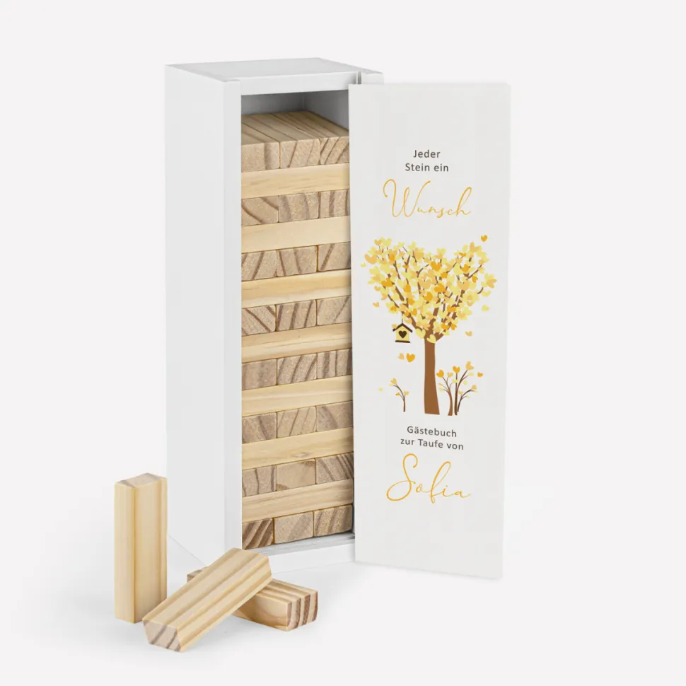 Gästebuch Alternative Wackelturm mit Geschenkbox "Baum Herzen"
