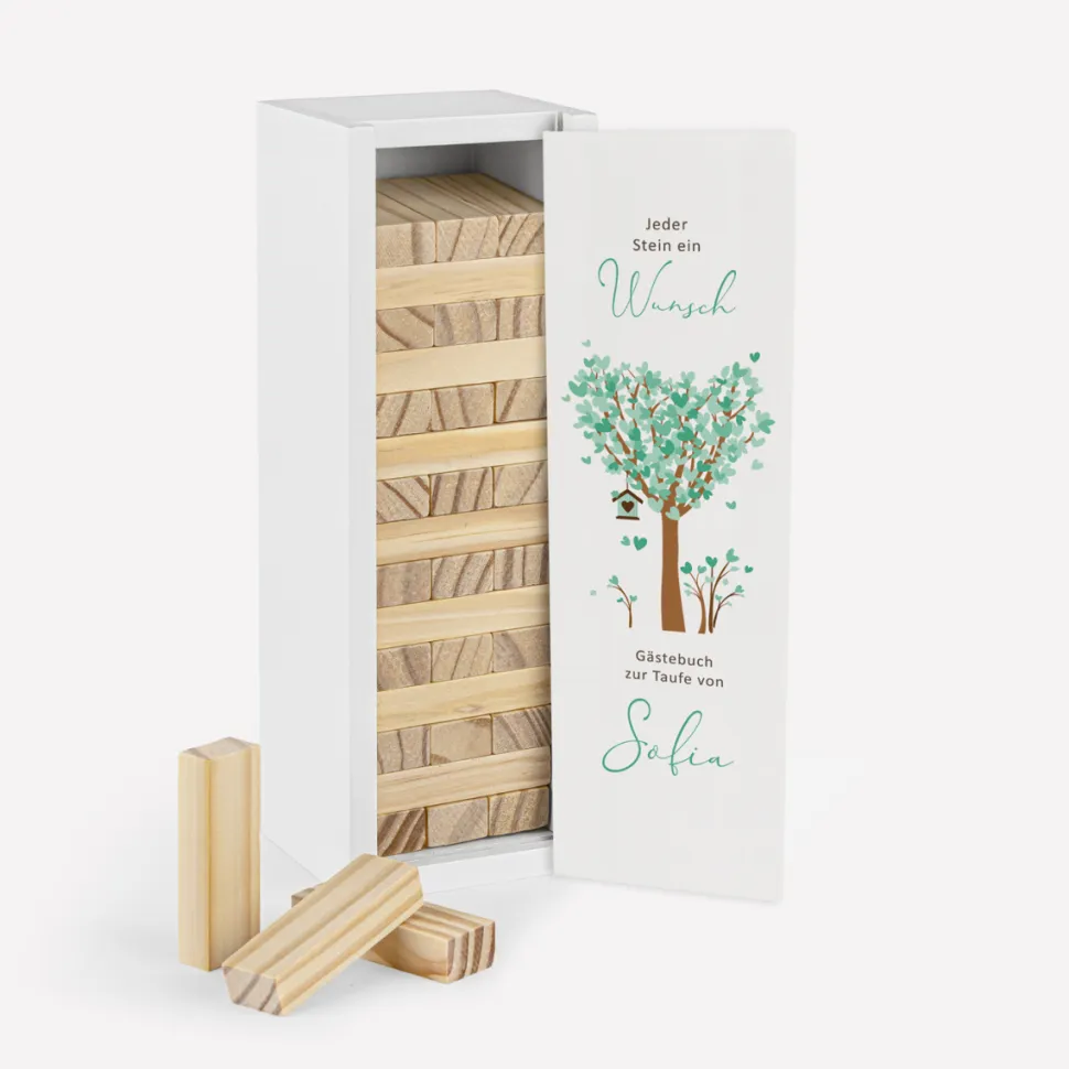 Gästebuch Alternative Wackelturm mit Geschenkbox "Baum Herzen"